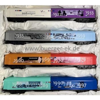 Badische Beamtenbank eG BB-Bank 75 Jahre Zeitgeschichte Zeitwagen Eine Ausstellung im Zug, 4 Austellungswagen mit bunter aufwendiger Bedruckung