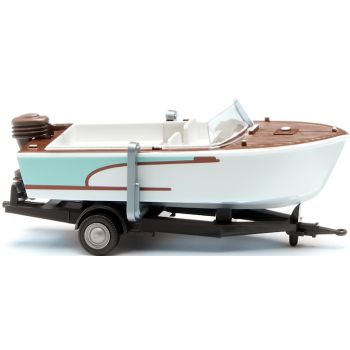 Motorboot auf Anhänger mit edler Rumpf- und Deckbedruckung, Baujahr 1961-1965