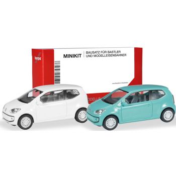 VW Up! 3-türig (Typ AA), branco cristal und ice mint green, 2 Stück, MiniKit