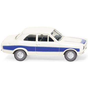 Ford Escort, weiß mit blauem Streifen, Baujahr 1968-74