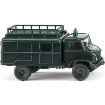 Mercedes-Benz Unimog S 404 mit Kofferaufbau und Dachträger, Bereitschaftspolizei, tannengrün, Baujahr 1955-1980