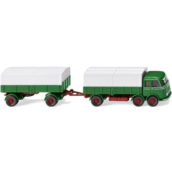 Mercedes-Benz LP333 Pritschen-/Planenhängerzug, grasgrün mit grauer Plane, Baujahr 1958-61