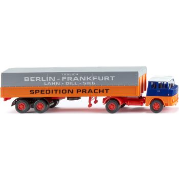 Henschel Pritschen-/Planensattelzug, Spedition Pracht - Täglich Berlin-Frankfurt Lahn-Dill-Sieg, orange/blau, Baujahr 1961-1965