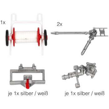 Zubehör Feuerwehr-Set VI: 1 Schlauchhaspel breit, 2 Löschkanonen, je 1 Löschmonitor mit Konsole und Löschkanone in silber und weiß
