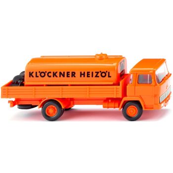 Magirus LKW Pritsche beladen mit Öltank, KLÖCKNER HEIZÖL, orange, Baujahr 1963-1973