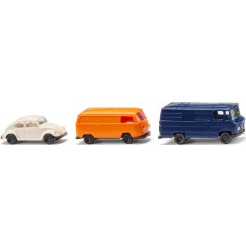 Set mit 3 Modellen: Einem VW Käfer, einem VW Kastenwagen und einem Mercedes-Benz L 406 Kastenwagen, Baujahr 1967-1974, Spur N
