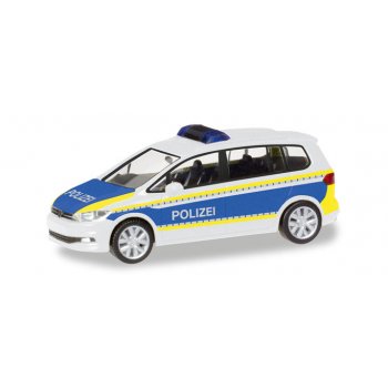 VW Touran, Polizei Brandenburg, weiß/blau mit leuchtgelbem Streifendekor
