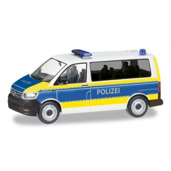 VW T6 Bus, Polizei Brandenburg, weiß/blau mit leuchtgelbem Streifendesign