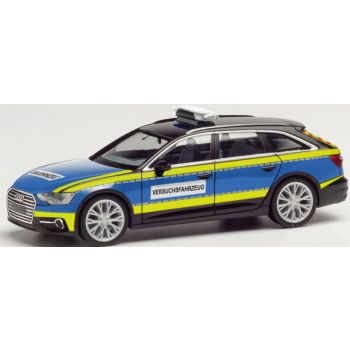 Audi A6 Avant, Polizei Versuchsfahrzeug, blau/schwarz mit leuchtgelbem Streifendekor
