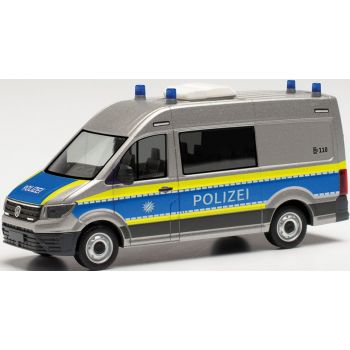 VW Crafter Halbbus, Polizei Straubing - Bayern, silber/blau mit leuchtgelbem Streifendesign