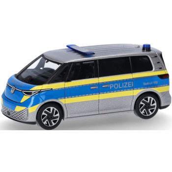VW ID. Buzz, Polizei Fahrzeugstudie, silber mit blau/leuchtgelbem Streifendesign