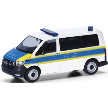 VW T6.1 Bus, Polizei Niedersachsen, weiß/blau mit leuchtgelbem Streifendesign