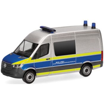 Mercedes-Benz Sprinter Halbbus Hochdach, Polizei Schleswig-Holstein, silber mit blau leuchtgelbem Streifendesign