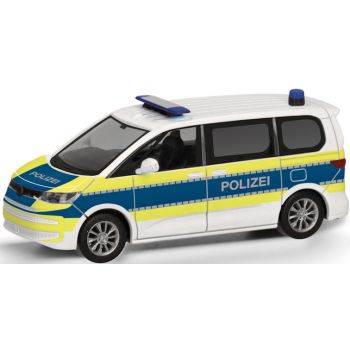 VW Multivan, Polizei Niedersachsen, weiß/blau mit leuchtgelbem Streifendesign