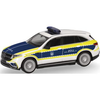 Mercedes-Benz-EQ EQC, ZOLL, weiß/blau mit leuchtgelbem Streifendesign