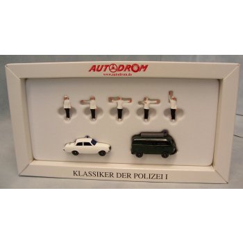 Set Klassiker der POLIZEI I: Ford 17M und VW Bus mit Dachträger, mit 5 Polizeifiguren