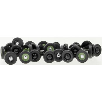 Set mit 16 Radsätzen (Räder und Achsen für 8 Fahrzeuge, teilweise mit verchromten Radkappen)