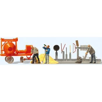 Bauarbeiter mit Baumaschinen und Zubehör