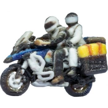 Tourenmotorrad mit Sozia, fahrend, im farbigen 3D-Druck