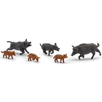 Sechs Wildschweine, Set besteht aus 2 Bachen, 3 Frischlingen und einem Keiler, koloriert, Fertigmodelle