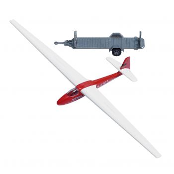 Segelflugzeug mit Anhänger, Bedruckung des Segelflugzeuges mit dem Werbemotiv einer Verscherung und Deutschland-Fahne. Mit Spezialanhänger für den