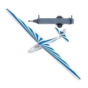 Segelflugzeug mit Anhänger, Segelflugzeug mit einem Strahlenmotiv und Anhänger.