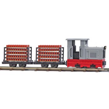 Feldbahn Start-Set, Ziegeltransport. Mit Feldbahndiesellokomotive Gmeinder 15/18 in geschlossener Ausführung mit funktionierendem Scheinwerfer und