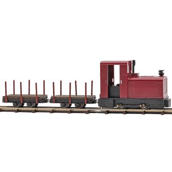 Feldbahn Start-Set mit Deutz Diesellok OMZ 122F mit 2 Einzelrungenwagen, einer mit Bremserbühne, Gleisen und Batteriekasten mit Schalter