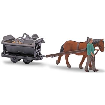 Pferdebahn, Historisch, Bauarbeiter mit Arbeitspferd und Feldbahn-Kipplore, Werkzeug, Schubkarre, Sand, Action-Set