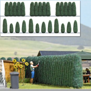 Thujen (Lebensbäume), 3 Reihen mit je 5 dicht aneinander stehenden sowie 12 frei stehenden Thujen, Fertigmodell