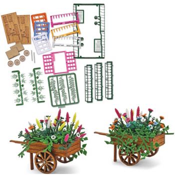 Bepflanzte Marktkarren, Bausatz mit 2 Marktkarren aus Echtholz, bepflanzt mit Lupinen, Mohn, Sommerblumen