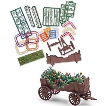 Blumenwagen, Bausatz mit Leiterwagen, bepflanzt mit bunten Sommerblumen wie Rosen und Dahlien