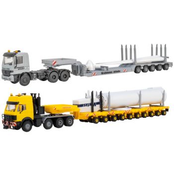 Windkraftanlagentransport: Windrad aufgeteilt auf 2 Sattelzüge, MB Actros mit Scheuerle Tiefbettauflieger und MB SK mit Scheuerleauflieger, Bausatz