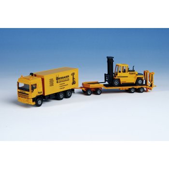 DAF Montage-LKW 3achsig mit Tiefladeanhänger beladen mit Stapler, Wiesbauer