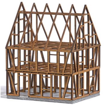 Fachwerkhaus Rohbau aus echtem Holz, koloriert. Größe: 85 x 75 x 108 mm, Bausatz