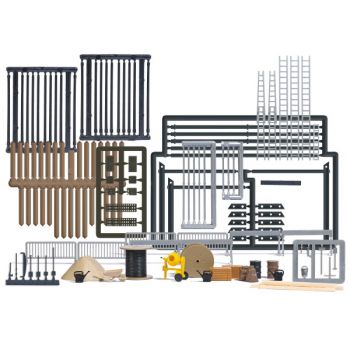 Baustellen-Set. Reichhaltiges Set zur Ausgestaltung von Baustellen mit Werkzeug, Kabeltrommel, Holzbohlen, Holzkisten, Fässern, Kannen, T-Trägern,