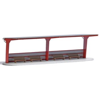Busbahnhof, Bausatz für einen universell einsetzbaren Busbahnhof mit Wellblechüberdachung und 4 Sitzbänken. Größe: 190 x 54 x 53 mm