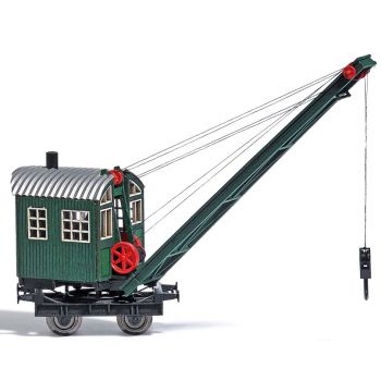 Dampfkran. Bausatz für einen Dampfkran mit Holzaufbau und Fahrwerk, auf dem das Fahrerhaus mit dem Ausleger um die eigene Achse gedreht werden kann.