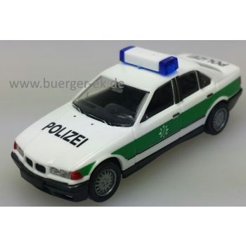 BMW 325 der POLIZEI Bayern, weiß/grün mit weißem RTK6 Blaulichtbalken mit roter Aufschrift 