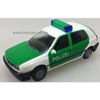 VW Golf CL POLIZEI, grün/weiß mit RTK 6 Blaulichtbalken, Rückseite vom Blaulichtbalken mit rotem Schriftzug 