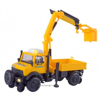 Unimog Zweiwegefahrzeug GleisBau mit Arbeiskran und Korb, Funktionsbausatz, mit vormontierter Front- und Heckbeleuchtung und gelber Rundumleuchte