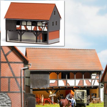 Unterstand, Ziegel/Fachwerkbauweise mit Natursteinsockel, Bausatz, Größe L/B/H 12,7 x 7,1 x 9,9 cm