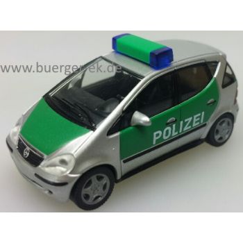 Mercedes-Benz A-Klasse POLIZEI, silber/grün mit RTK 6 Blaulichtbalken, Rückseite vom Blaulichtbalken mit rotem Schriftzug 