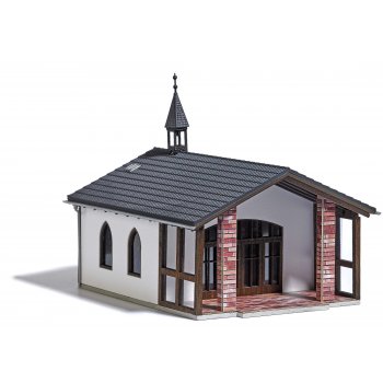 Friedhofskapelle / Trauerhalle, Bausatz, inkl. 4 Sitzbänken und aufgebahrtem Sarg, Größe: 10,2 x 9 x 9,1 cm