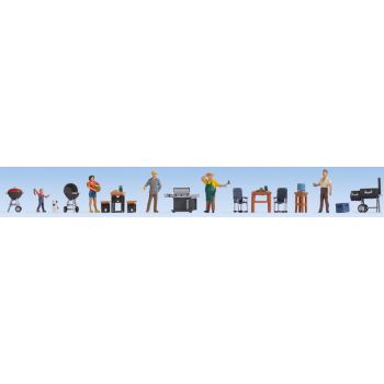 Figuren-Themenwelt - Grill-Pary, Inhalt: 5 Figuren, 1 Hund, 2 Kugel-Grills, 1 Gas-Grill, 1 Smoker, 1 Bierfass, 1 Biertisch, 2 Bierbänke, 1 Tisch,