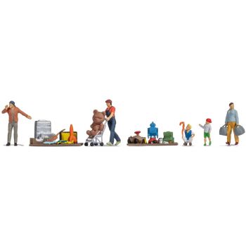 Figuren-Themenwelt Flohmarkt, Inhalt: 1 Mutter mit Bugy und Riesenteddy, 1 Kunde, 2 Kinder, 1 Verkäufer, 2 große Decken mit Spielzeug