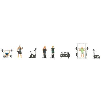 Figuren-Themenwelt, Fitness-Studio, Inhalt: 1 Mann beim Bankdrücken,  -mit Kurzhanteln, -auf Fahrrad, 1 Frau auf Crosstrainer, -am Squat Rack,