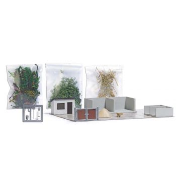 Grünschnitt Sammelstelle, Bausatz für eine komplette Grünschnitt-Sammelstelle mit Wärterhäuschen, Sammelboxen, Betonbodenplatte (168 x 119 mm),