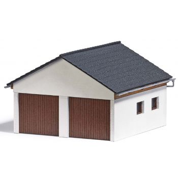 Doppelgarage, moderne Doppelgarage mit 2 großen Holztoren (30 x 27 mm). Fertig koloriert, Größe: 85 x 85 x 55 mm, Bausatz