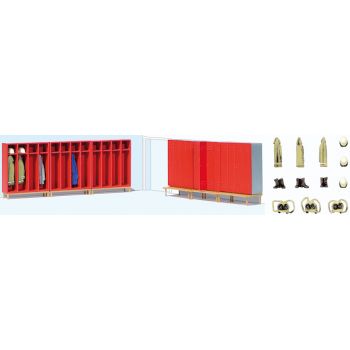 Feuerwehrspinde, 6 montierte Spinde, beige Uniformen, bemaltes Zubehör, Fertigmodell
